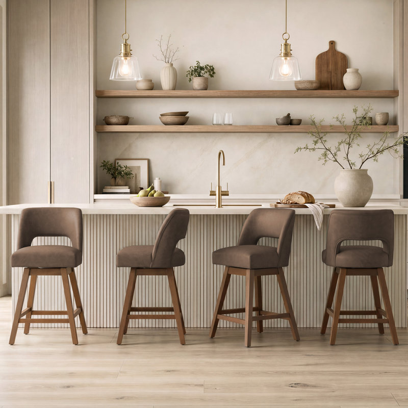 Tabouret de bar pivotant en similicuir avec structure en bois massif (ensemble de 4), Brun foncé / similicuir, 4, Noyer foncé