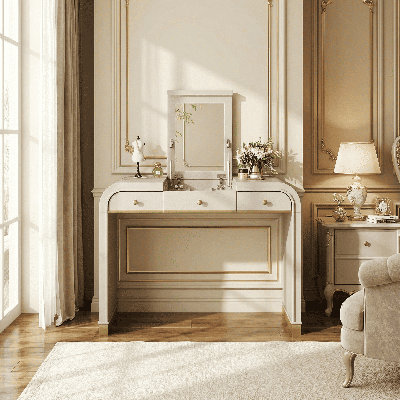 Classic Wood 3-in-1 Vanity Desk with Flip Mirror – 2 Drawers & Built-In Storage Space