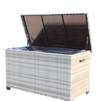 Patio Storage In Grey - 148 Gallon Capacity. Strengthened Lid. Interior. Easy To Move With Handles. Pe & Steel. Assembly Required Box Grey. 148 Lid Pp Board. Inner Bag. Handles For Mobility.