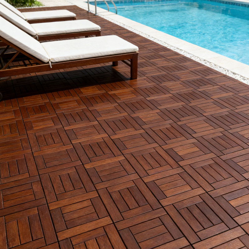Carreaux de sol imbriqués en bois d'acacia et en PP de qualité supérieure - brun foncé 12 po x 12 po (paquet de 60), surface sécuritaire antidérapante, robuste et stable pour une utilisation intérieure / extérieure, conception à verrouillage facile, couvre 60 pieds carrés