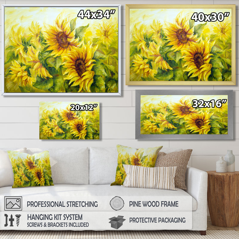 Bright Yellow Sunny Sunflowers - impression d'art graphique, Toile tendue, H 34 po x l 44 po, Ne s’applique pas