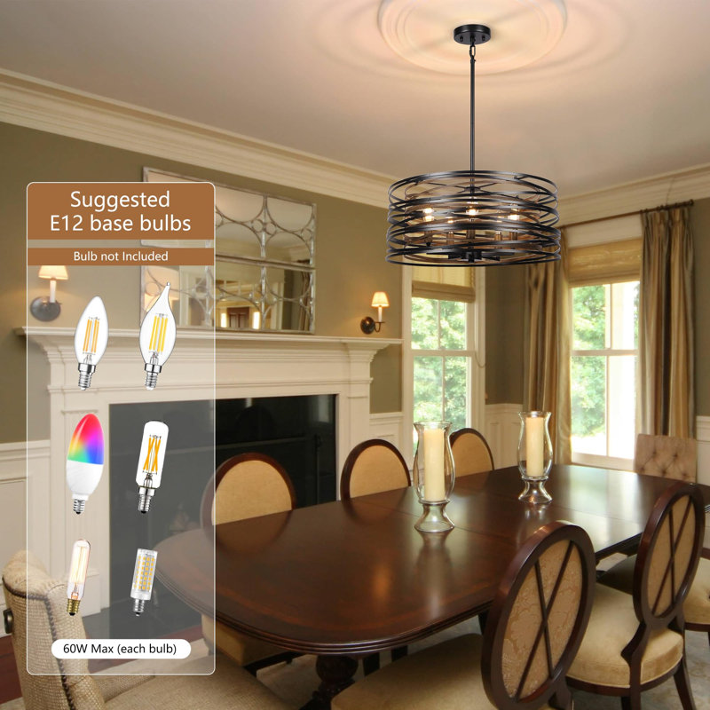 Lustre tambour 5 lumières pour salle à manger, H 15,5 po x l 19,7 po x P 19,7 po, 5 lumières