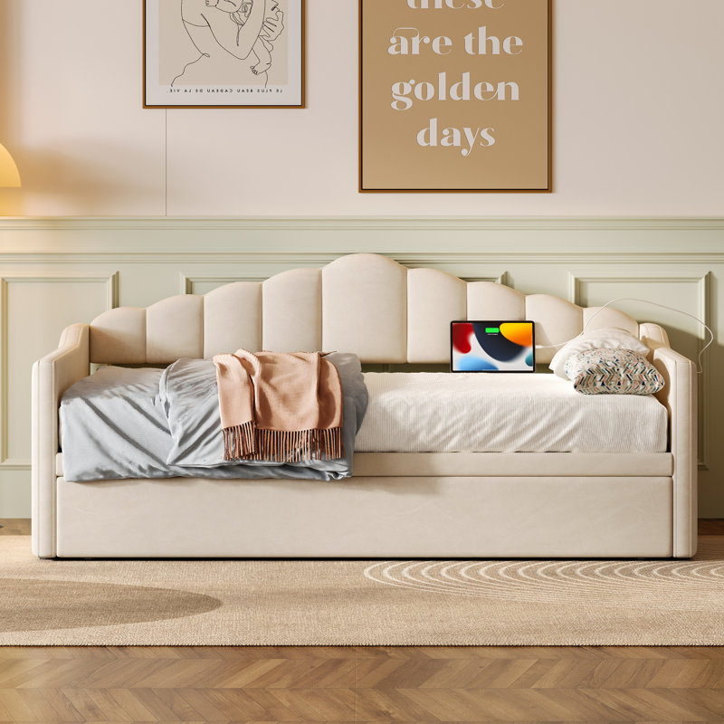 Upholstered Twin Daybed With Adjustable Pop-up Trundle And Charging Ports, Beige