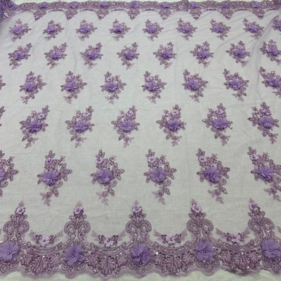 Dentelle florale 3D de luxe lilas, vendue au mètre, maille ornée de perles et de perles de 140 cm de large, idéale pour les robes de mariée et les voiles - Valentina Textile Inc.