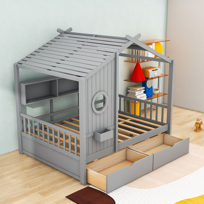 Lit de maison avec conception de maisonnette et tiroirs de rangement, Double