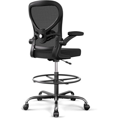Big And Tall Drafting Office Chair - Black, With Footrest Ring, Lumbar Support, Flip-Up Armrests & Heavy Rolling Base (Ideal For Counter Height/Standi by Orren Ellis
