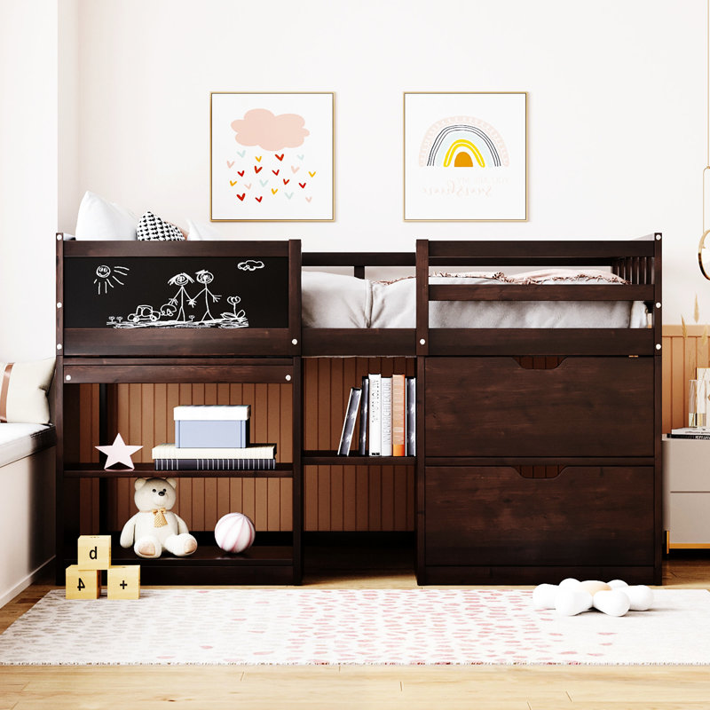 Lit mezzanine simple simple avec bureau, tablette de rangement et personnage précieux, Espresso