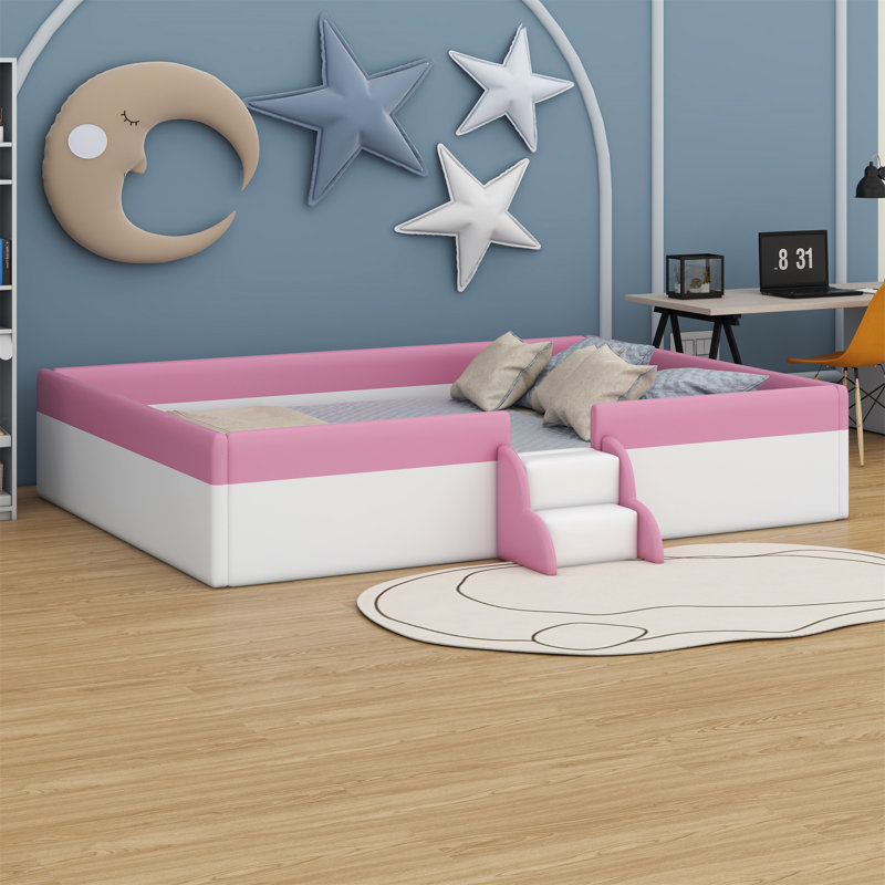 Upholstered Daybed Frame With Fence And Stairs, White/Pink