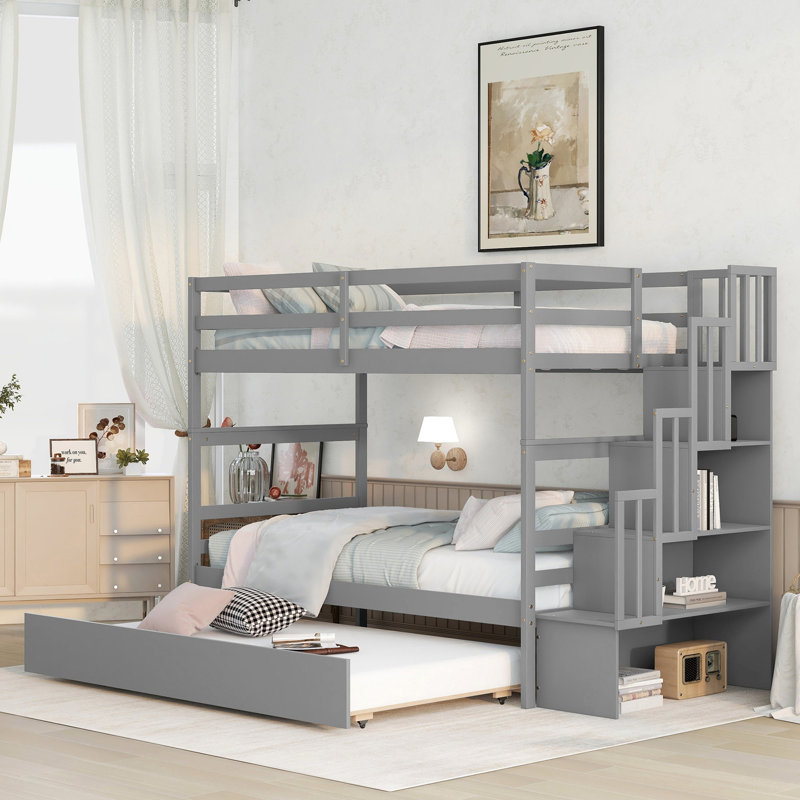 Lits simples superposés avec lit gigogne simple et fonction de rangement d'escalier gris