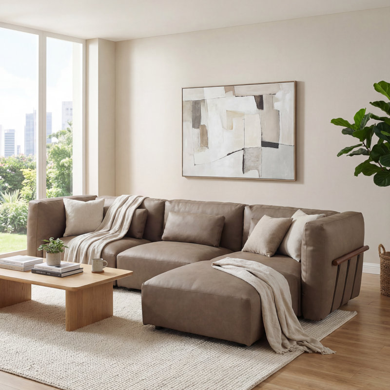 4 Pieces L Shaped Upholstered Sectional Modular Cloud Sofa With Ottoman, Brown Faux Leather