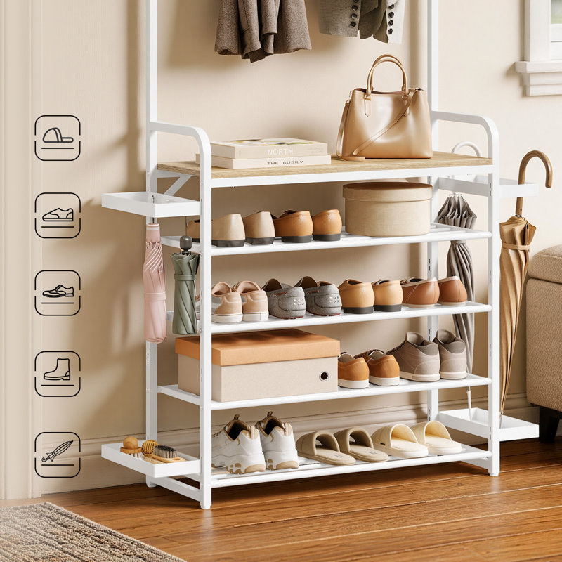 4-in-1 Coat Stand with Shoe Rack and Umbrella Stand, Coat Rack for Hallway/Bedroom, 30x190 cm, Engineered Wood Top Panel and Metal Frame, Rustic Brown + Black,Light Oak + White