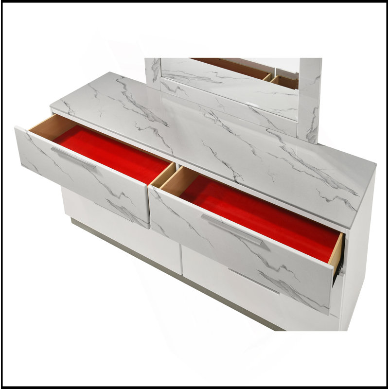 Commode Mist - finition bicolore très brillante en marbre et en laque avec six tiroirs spacieux, intérieurs doublés de velours