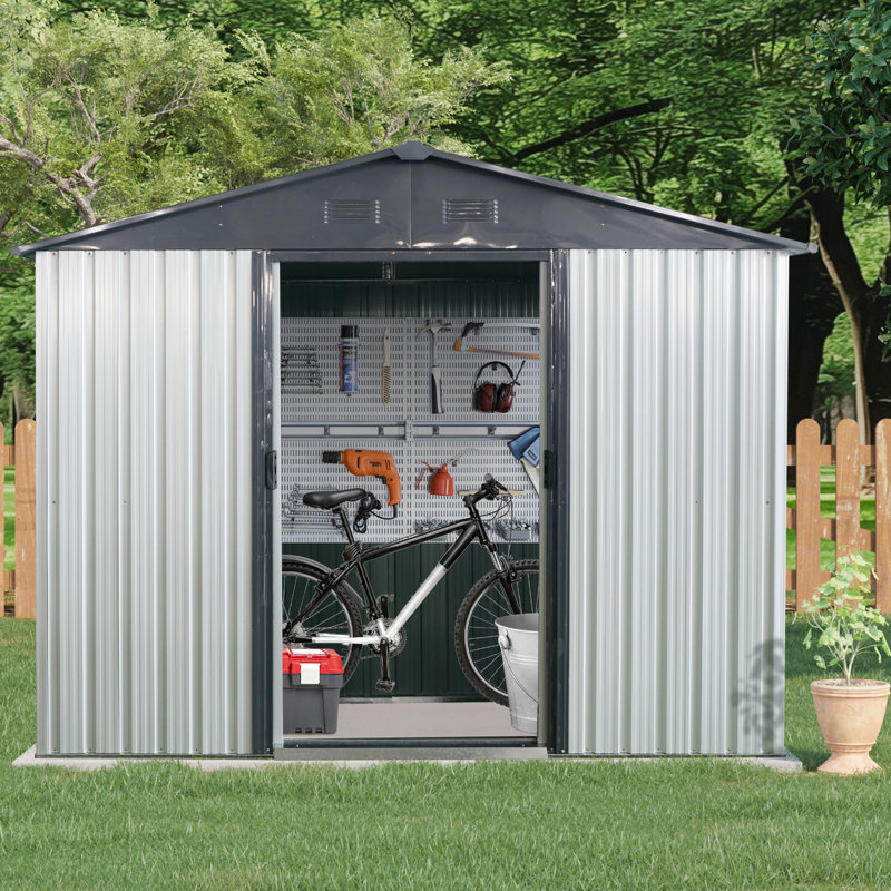 8x4 Ft Outdoor Metal Storage Shed. White And Black. Stable Secure. Tilted Roof & Lockable Door. Includes Foundation Enhancements Shed 8ft X 4ft. Galvanized Iron For Strength. Comes With Perks