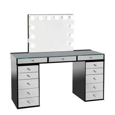 Bureau de maquillage avec miroir de coiffeuse Slay Station Pro 2.0, meuble-lavabo lumineux avec 5 tiroirs