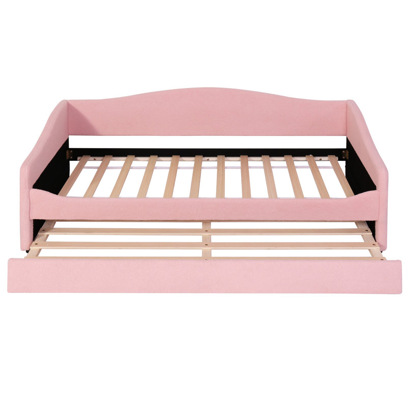 Lit de jour simple rembourré moderne avec lit gigogne réglable et chariot pliable en molleton chaud rose, Lit simple, Rose