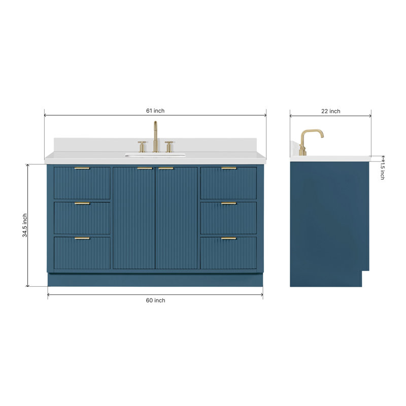 Haun Solid Wood Single Bathroom Vanity with 1.5'' Quartz Top, Rectangle, Vintage Blue, 61"