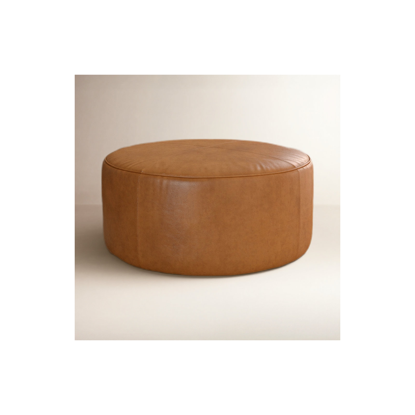 Murano 37" Genuine Leather Round Ottoman, Steamboat Caramel Genuine Leather