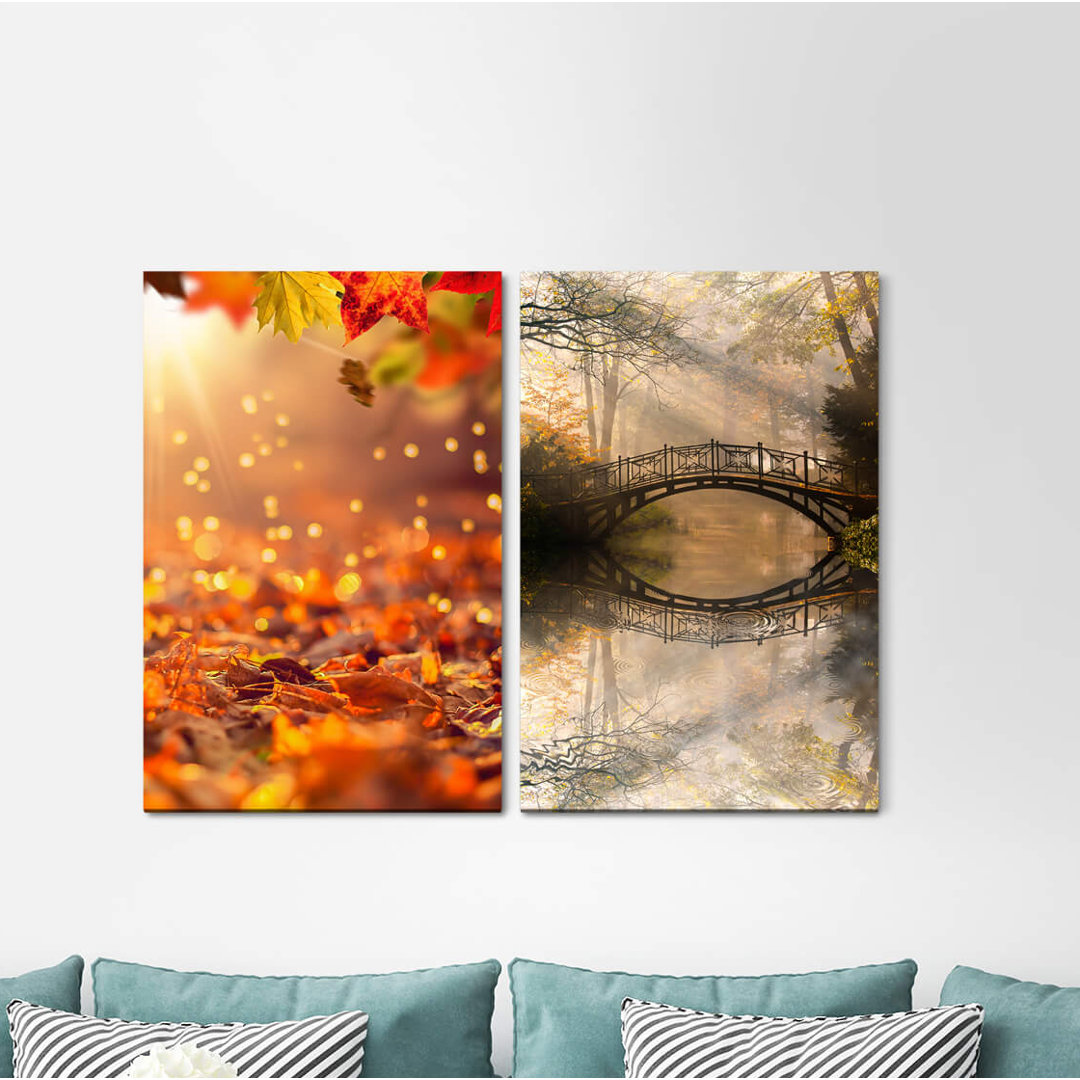 2-tlg. Leinwandbilder-Set - Fotografie „Autumn Autumn Leaves Forest Gold Bridge Fairytale Picturesque”