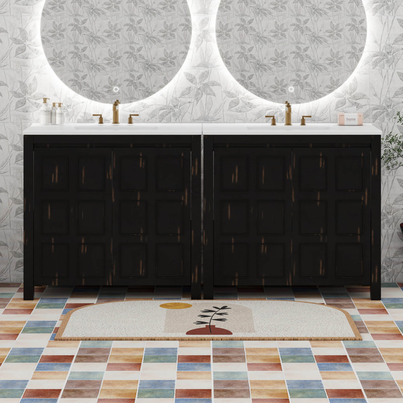 Ensemble de meuble-lavabo 72 po avec deux meubles-lavabos, deux lavabos en céramique et une tablette réglable - Armoire de rangement rétro