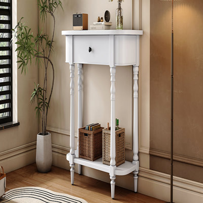 Narrow Console Table, Curved Corner, 1 Drawer, Open Shelf for Entryway - White
