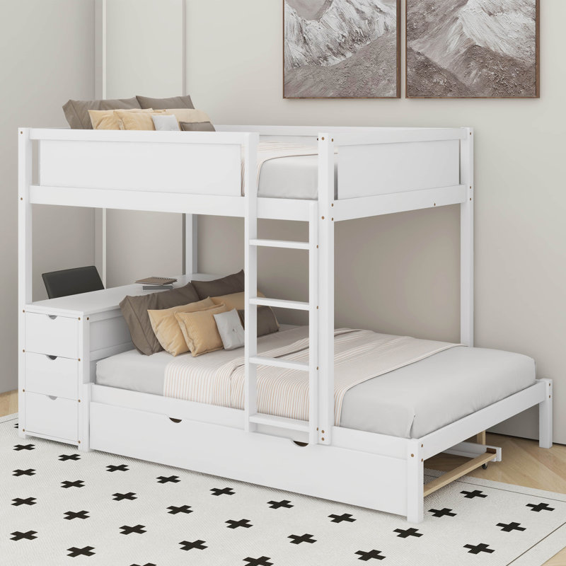 Full-Over-Full Bunk Bed With Twin Size Trundle, Storage And Desk, White