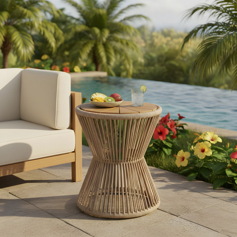 Table d'appoint d'extérieur, corde beige et finition en teck clair, hauteur 18,90 po, diamètre 16,14 po, design élégant en forme de sablier, résistant aux intempéries, pour patio, terrasse, jardin, balcon, style minimaliste moderne
