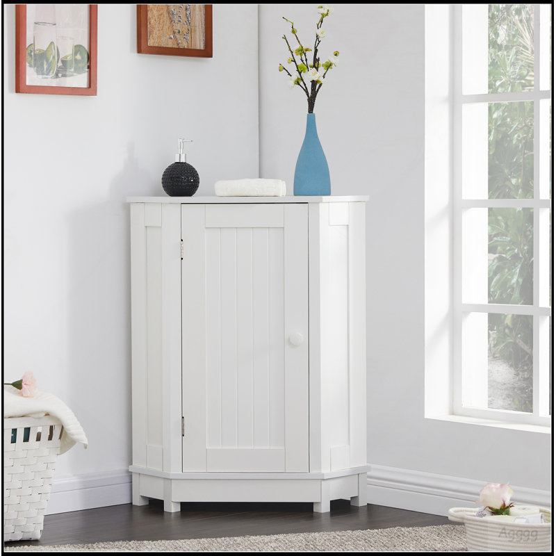 White Bathroom Cabinet Triangle Corner Storage Cabinet With Adjustable Shelf Modern Style MDF Board, White