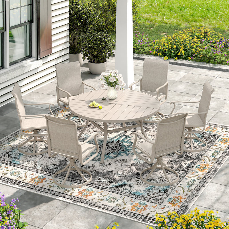 6-Person Outdoor Round Dining Set With Swivel Chair, Cream