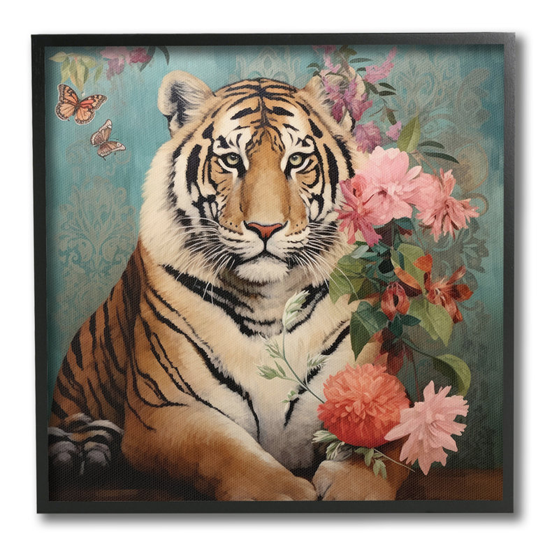 Tigre et bouquet rétro, estampe numérique par Lazar Studio, Giclée encadrée noir minuit, H 12 po x l 12 po