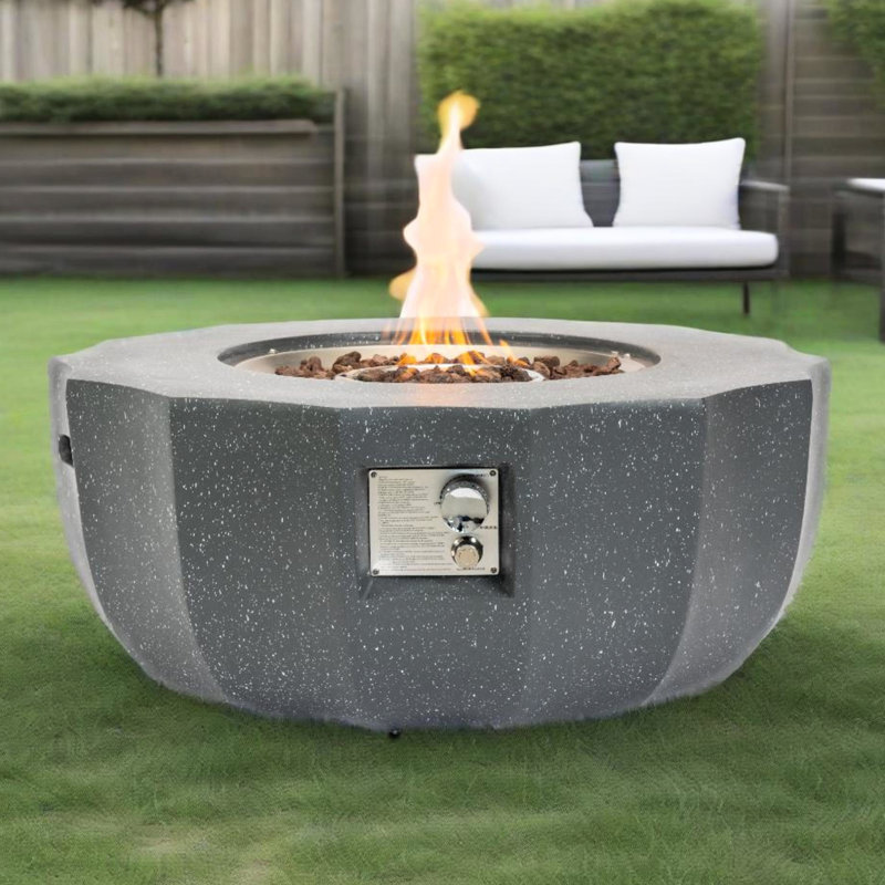 Foyer rond 36 pouces pour jardin, 50000, finition grise, brûleur en acier inoxydable, utilisation extérieure en béton facile à allumer, avec accents blancs, allumage par impulsion, réglage de la flamme en deux étapes