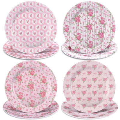 8 Pcs Vintage Floral Salad Plates 8 inches Spring Dessert Plates Flower Dishes Dinnerware Set,(Pink)