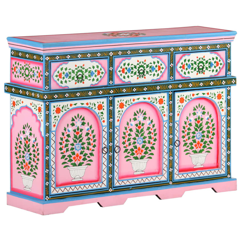 Sideboard Storage Cabinet for Dining Room Multicolor Solid Wood Mango, Pink/Green