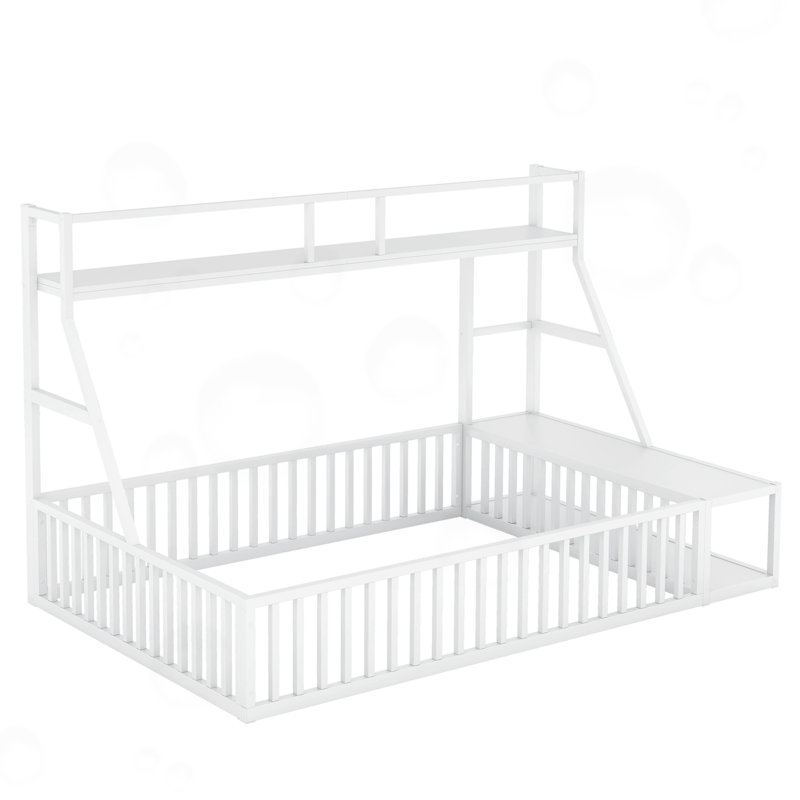 Lit double pour enfant avec clôture de sécurité et bureau intégré, Blanc cassé