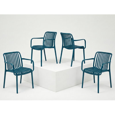 Chaise de salle à manger d'extérieur empilable avec accoudoirs, chaise de patio en plastique toutes saisons, chaise d'appoint de piscine, conception à lattes moderne pour balcon, jardin, cour, utilisation intérieure et extérieure (bleu sarcelle)