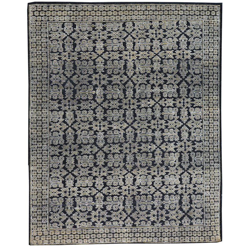 Tapis gris anthracite / sable noué à la main de haute qualité, Rectangle 8 pi x 10 pi
