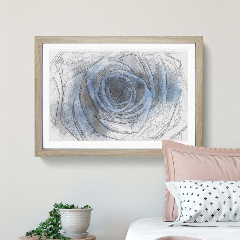 Pretty Blue Rose in Abstract - Picture Frame Graphic Art Print, 60cm H x 91cm W x 2cm D, Oak