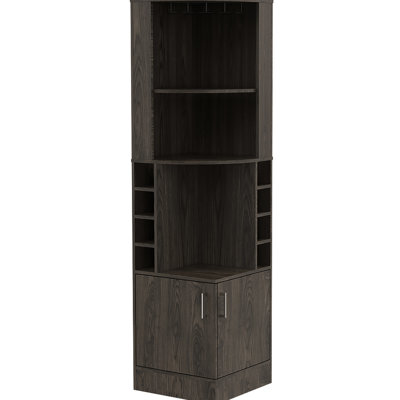 Armoire de bar en noyer foncé avec 8 compartiments et 2 tablettes pour un espace de présentation fonctionnel