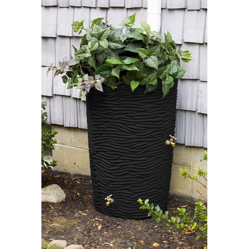 Black 50 Gallon Palm Textured Rain Barrel with Planter Top