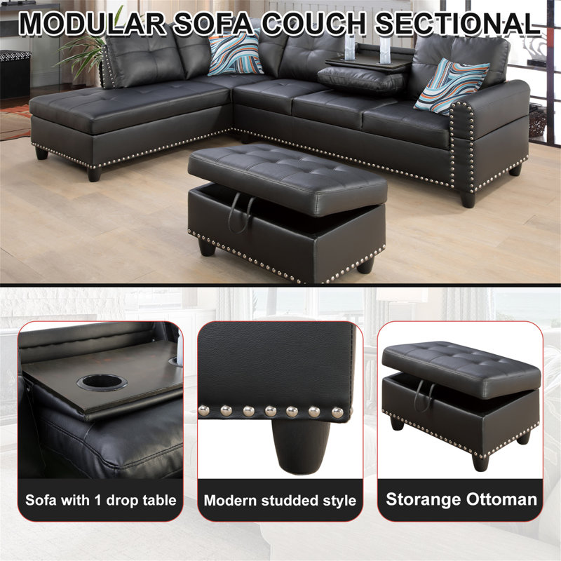 Plyler 97.2" Wide Modular Sectional with Ottoman, Black Faux Leather, Left Hand Facing