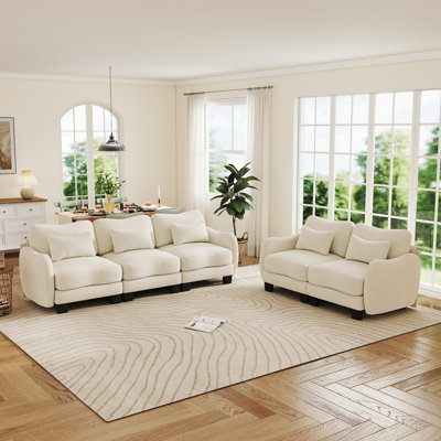Ensemble de salon en chenille 2 pièces avec canapé, causeuse et coussins lombaires, crème ivoire