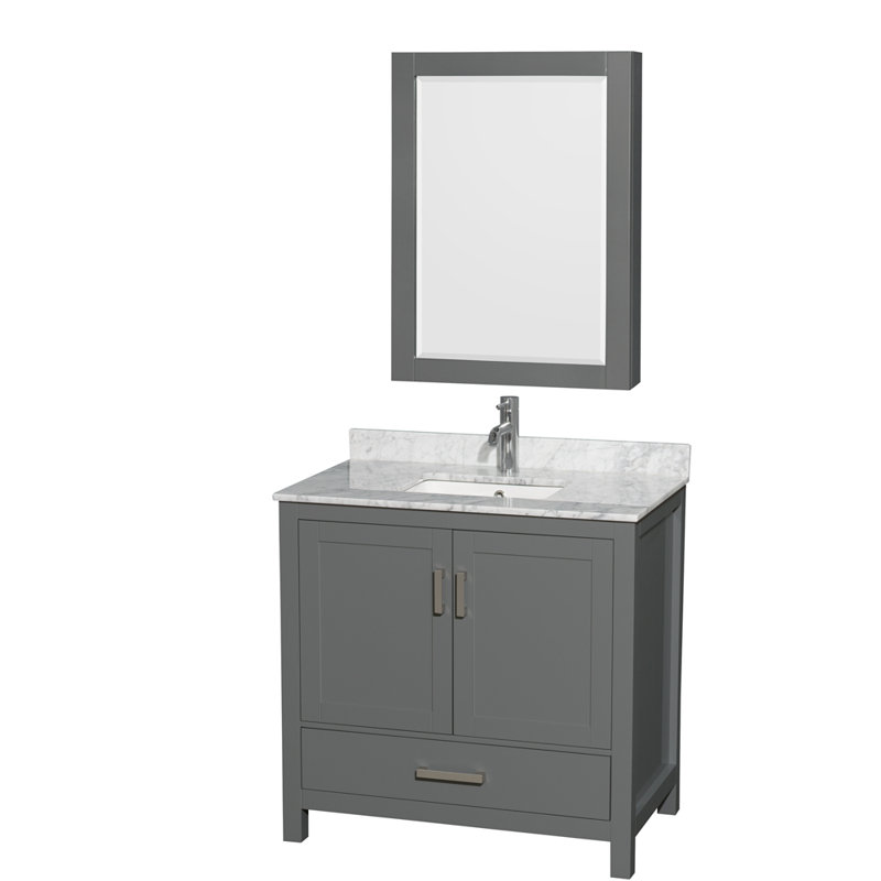 Sheffield 36" Freestanding Single Bathroom Vanity with Marble Top with Medicine Cabinet, White Carrara Marble, Light Green
