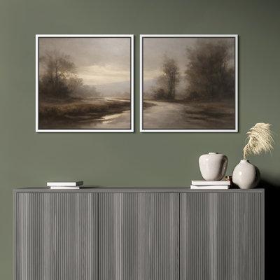 Misty Woodland River Landscape Set of 2 Pieces Framed Print Wall Art