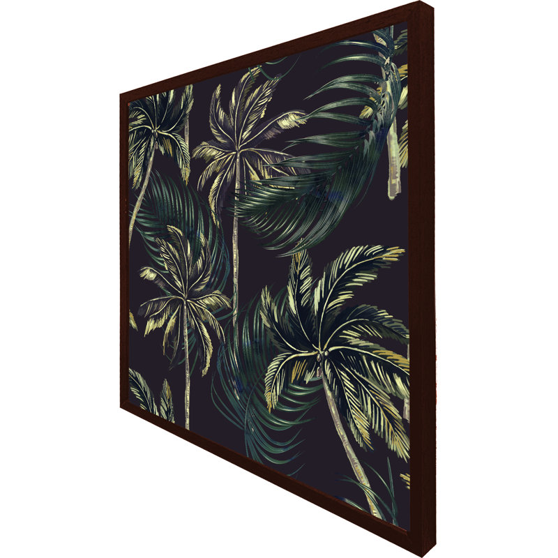 Adelaido Green Palm On Black - Single Picture Frame Print, 61cm H x 61cm W x 4cm D, Brown Framed
