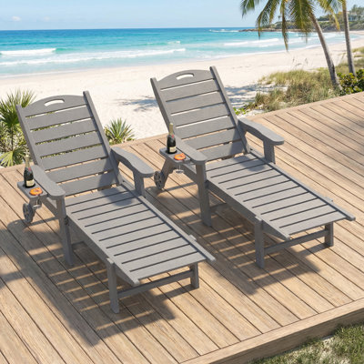 Oversized HDPE 5-Position Adjustable Outdoor Chaise Lounge with Cup Holder Wheels,All-Weather Portable Patio Reclining Chaise Lounge Chair for Deck,Poolside,Lawn,Garden,Backyard(Set of 2)