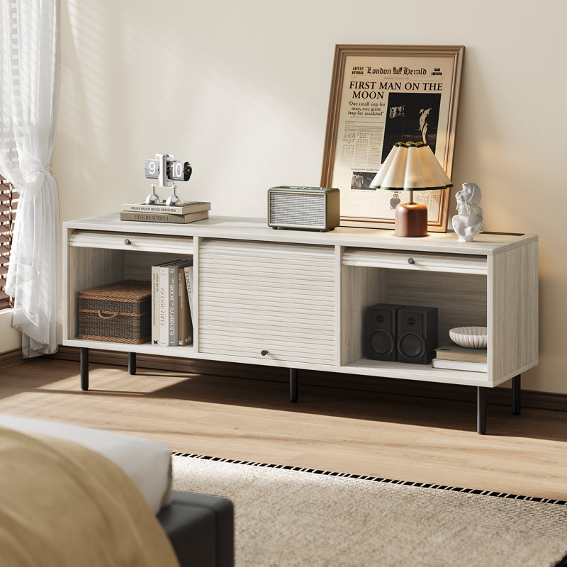 59" Mid Century TV Stand Entertainment Center with Storage Cabinet to Fit TVs, 21.7" H x 59" W x 15.75" D, White