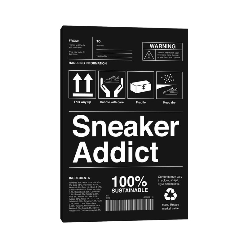 «Sneaker Addict I» par Avesix, reproduction d'art textuel sur toile tendue, H 26 po x l 18 po x 1,5 po