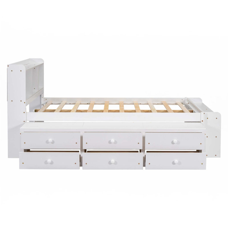 Full Bed With Bookcase Headboard, Under Bed Storage Drawers And Bed-end Storage Case, White