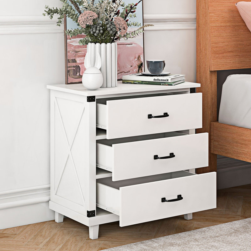 Table de chevet moderne en bois avec 3 tiroirs Annemone, Blanc