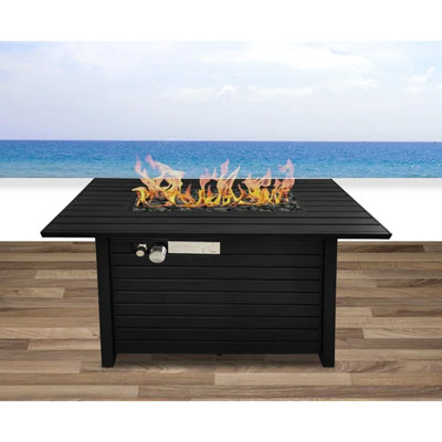 24" H Steel Propane Fire Pit Table For Outdoors - Black, Weather Structure, Slatted Base, Lid, Lava Rocks, Glass Beads, Adjustable Flame, Patio Deck Appropriate Finish, Flame Adjustable, Deck- Heating