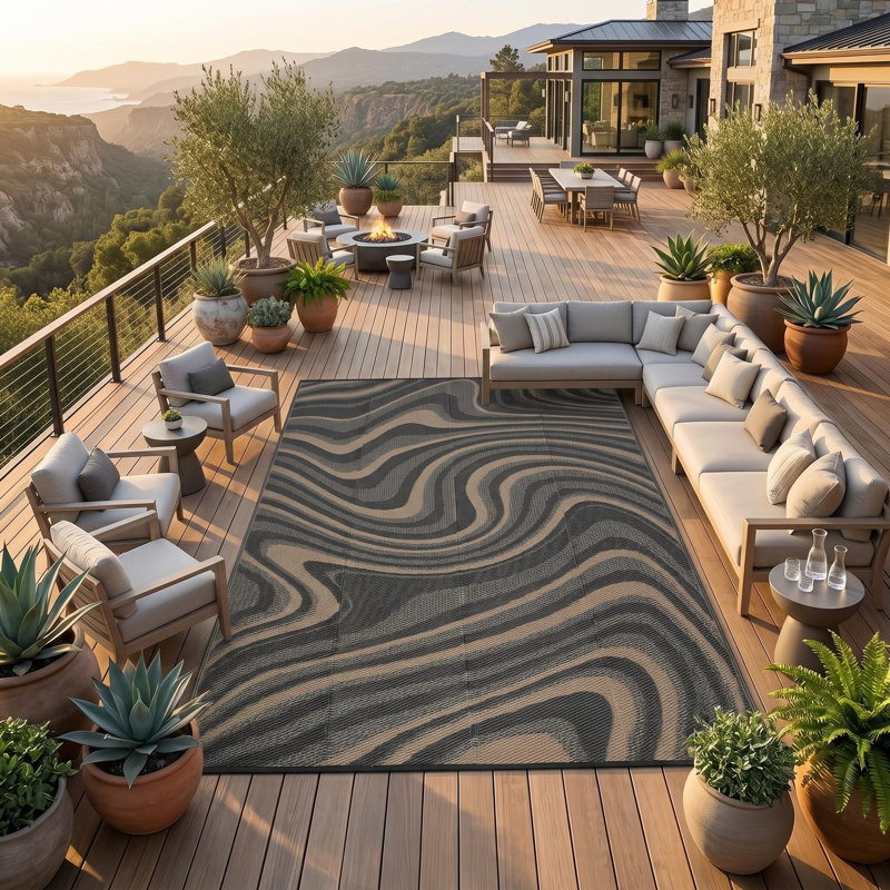Modern Abstract Plastic Outdoor Rug for Picnic Backyard Deck Balcony, Black, Rectangle 10' x 14'